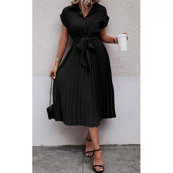 ECOWISH Womens Casual Midi Dresses Solid V Neck Short Sleeve Button Shirt Belted Dress with Pockets for Spring Summer 2024Bnavy Blue