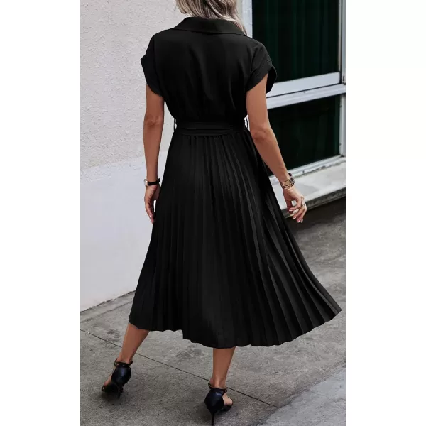 ECOWISH Womens Casual Midi Dresses Solid V Neck Short Sleeve Button Shirt Belted Dress with Pockets for Spring Summer 2024Bnavy Blue