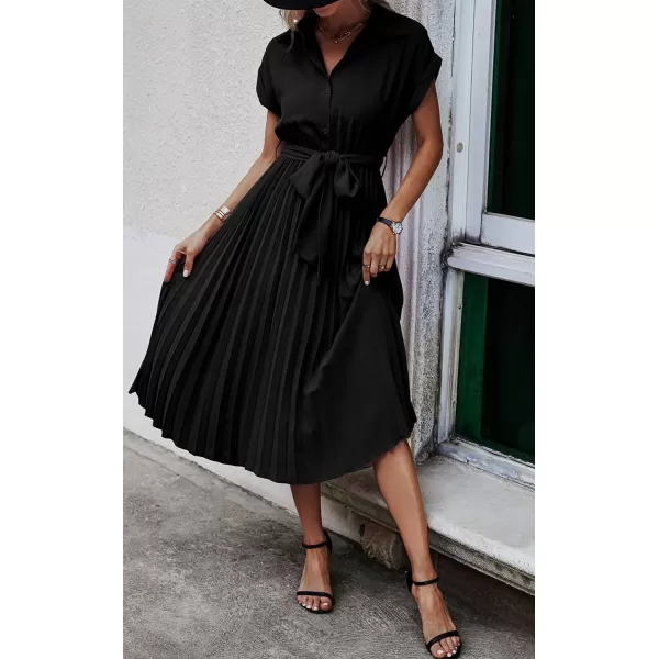 ECOWISH Womens Casual Midi Dresses Solid V Neck Short Sleeve Button Shirt Belted Dress with Pockets for Spring Summer 2024Bnavy Blue