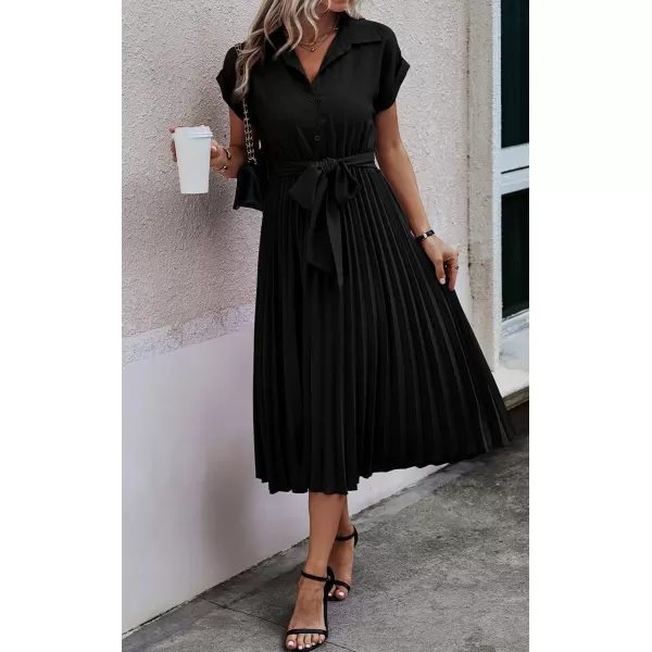 ECOWISH Womens Casual Midi Dresses Solid V Neck Short Sleeve Button Shirt Belted Dress with Pockets for Spring Summer 2024Bnavy Blue