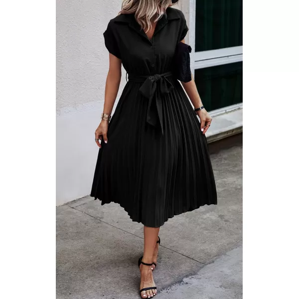 ECOWISH Womens Casual Midi Dresses Solid V Neck Short Sleeve Button Shirt Belted Dress with Pockets for Spring Summer 2024Bnavy Blue