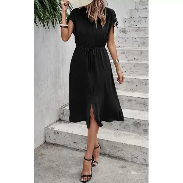 ECOWISH Womens Casual Midi Dresses Solid V Neck Short Sleeve Button Shirt Belted Dress with Pockets for Spring Summer 2024Cblack