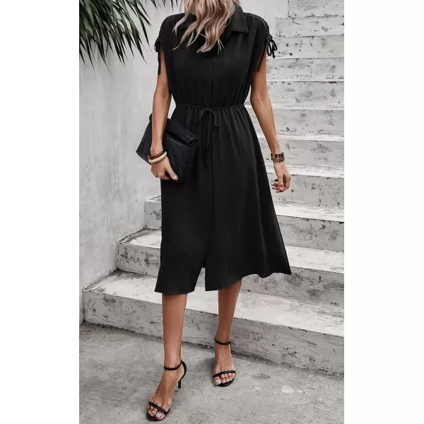 ECOWISH Womens Casual Midi Dresses Solid V Neck Short Sleeve Button Shirt Belted Dress with Pockets for Spring Summer 2024Cblack