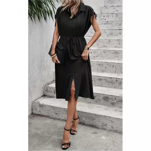 ECOWISH Womens Casual Midi Dresses Solid V Neck Short Sleeve Button Shirt Belted Dress with Pockets for Spring Summer 2024Cblack