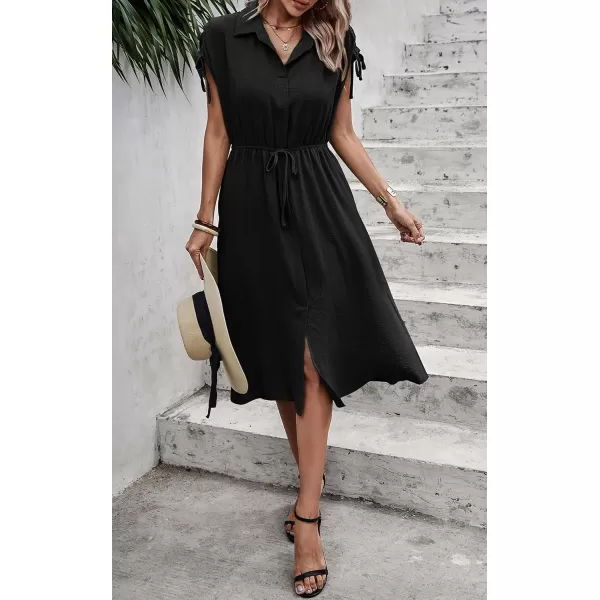 ECOWISH Womens Casual Midi Dresses Solid V Neck Short Sleeve Button Shirt Belted Dress with Pockets for Spring Summer 2024Cblack