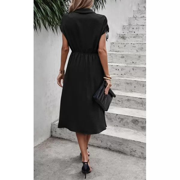 ECOWISH Womens Casual Midi Dresses Solid V Neck Short Sleeve Button Shirt Belted Dress with Pockets for Spring Summer 2024Cblack