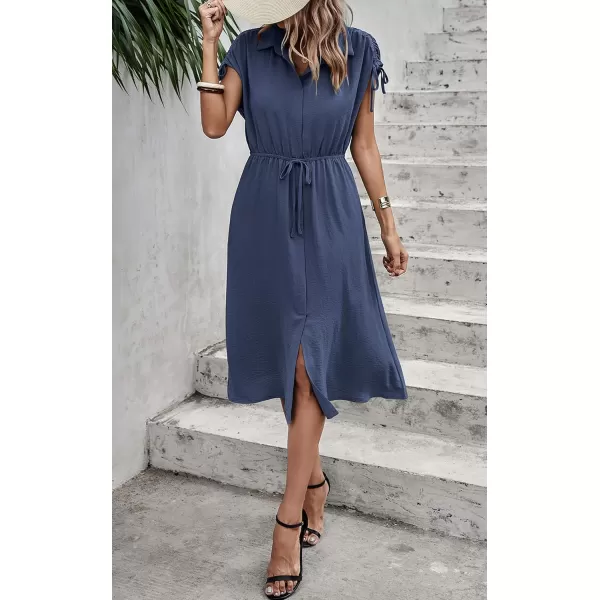 ECOWISH Womens Casual Midi Dresses Solid V Neck Short Sleeve Button Shirt Belted Dress with Pockets for Spring Summer 2024Cblue