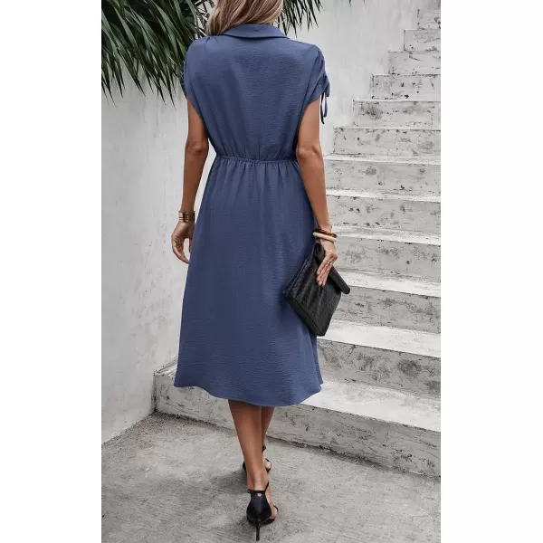 ECOWISH Womens Casual Midi Dresses Solid V Neck Short Sleeve Button Shirt Belted Dress with Pockets for Spring Summer 2024Cblue