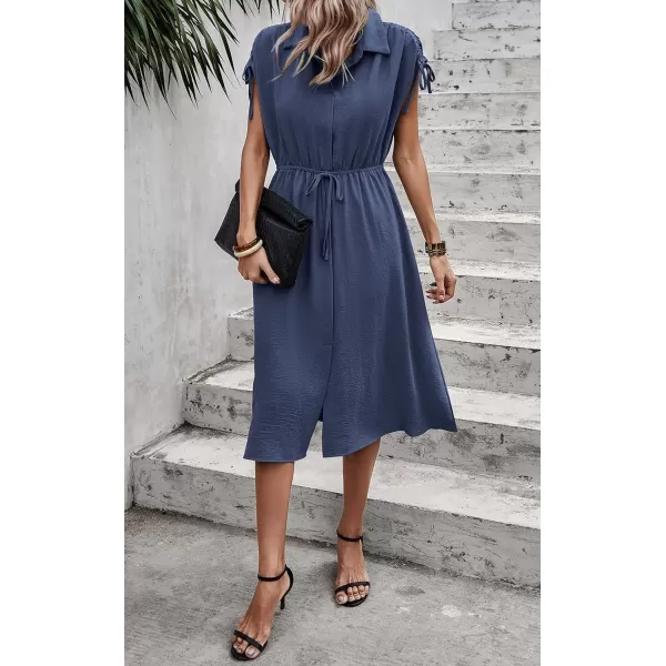 ECOWISH Womens Casual Midi Dresses Solid V Neck Short Sleeve Button Shirt Belted Dress with Pockets for Spring Summer 2024Cblue