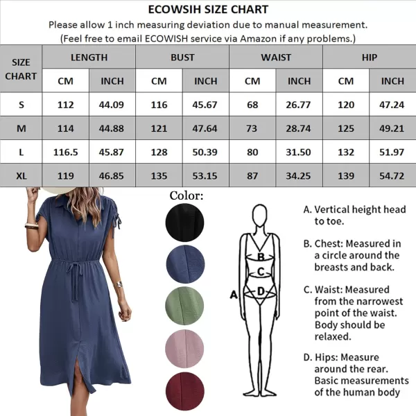 ECOWISH Womens Casual Midi Dresses Solid V Neck Short Sleeve Button Shirt Belted Dress with Pockets for Spring Summer 2024Clight Green