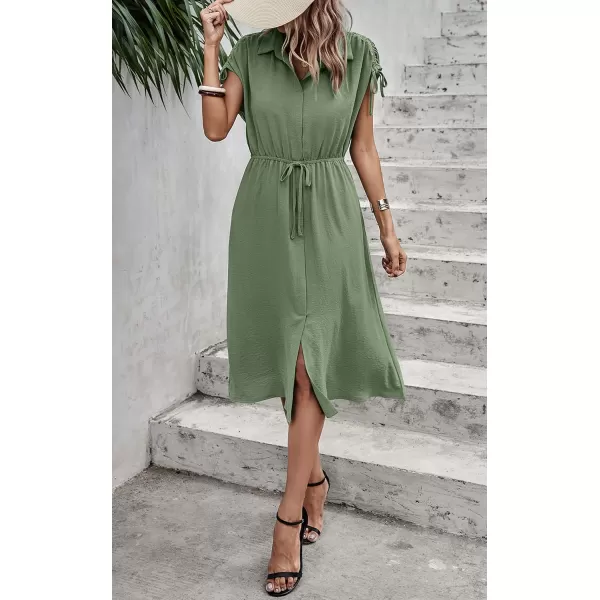 ECOWISH Womens Casual Midi Dresses Solid V Neck Short Sleeve Button Shirt Belted Dress with Pockets for Spring Summer 2024Clight Green