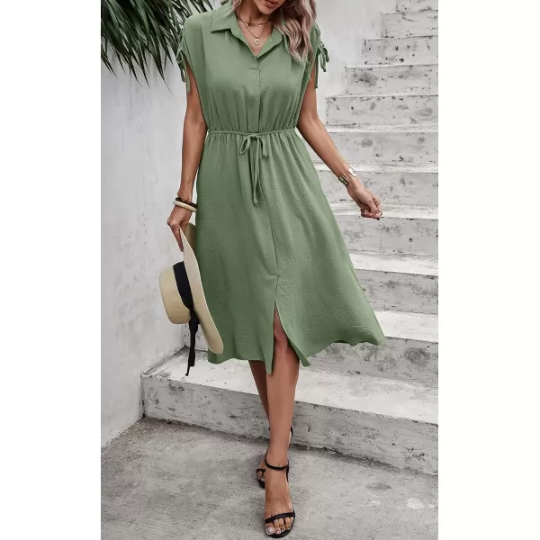 ECOWISH Womens Casual Midi Dresses Solid V Neck Short Sleeve Button Shirt Belted Dress with Pockets for Spring Summer 2024Clight Green