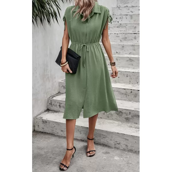 ECOWISH Womens Casual Midi Dresses Solid V Neck Short Sleeve Button Shirt Belted Dress with Pockets for Spring Summer 2024Clight Green