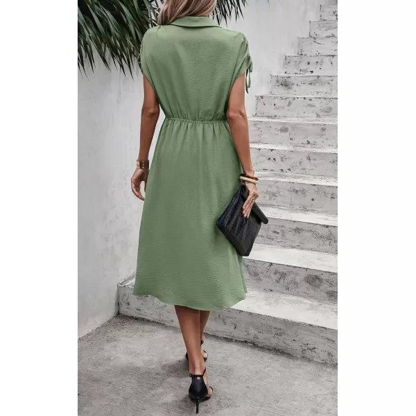 ECOWISH Womens Casual Midi Dresses Solid V Neck Short Sleeve Button Shirt Belted Dress with Pockets for Spring Summer 2024Clight Green