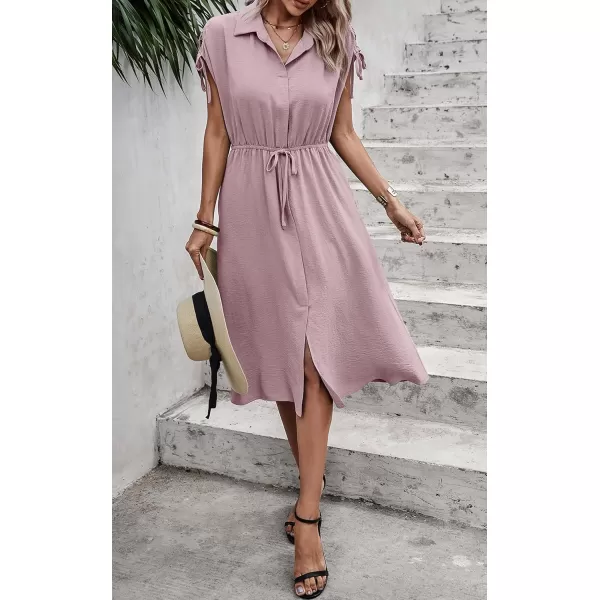 ECOWISH Womens Casual Midi Dresses Solid V Neck Short Sleeve Button Shirt Belted Dress with Pockets for Spring Summer 2024Cpink