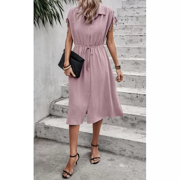 ECOWISH Womens Casual Midi Dresses Solid V Neck Short Sleeve Button Shirt Belted Dress with Pockets for Spring Summer 2024Cpink