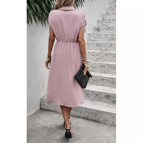 ECOWISH Womens Casual Midi Dresses Solid V Neck Short Sleeve Button Shirt Belted Dress with Pockets for Spring Summer 2024Cpink