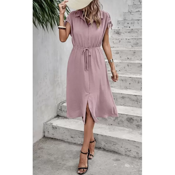 ECOWISH Womens Casual Midi Dresses Solid V Neck Short Sleeve Button Shirt Belted Dress with Pockets for Spring Summer 2024Cpink