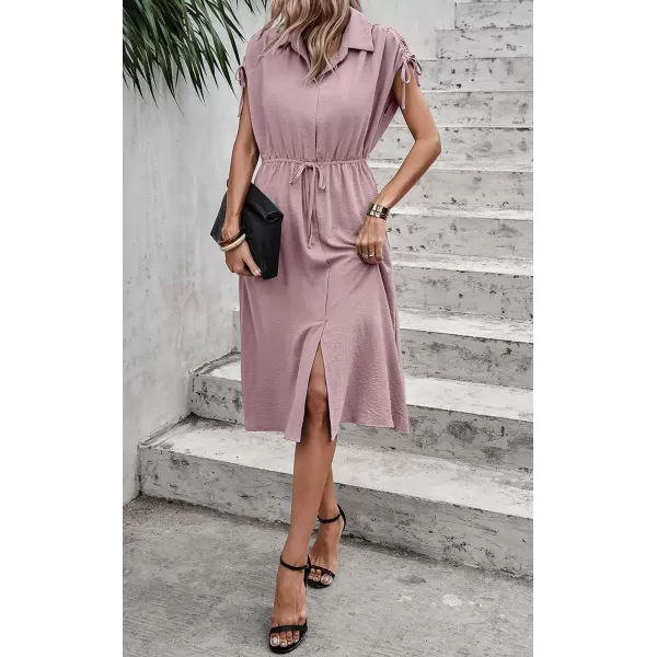 ECOWISH Womens Casual Midi Dresses Solid V Neck Short Sleeve Button Shirt Belted Dress with Pockets for Spring Summer 2024Cpink
