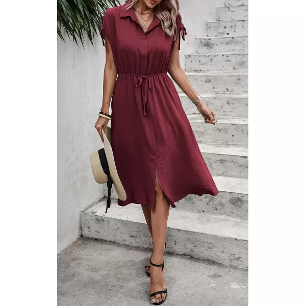 ECOWISH Womens Casual Midi Dresses Solid V Neck Short Sleeve Button Shirt Belted Dress with Pockets for Spring Summer 2024Cwine Red
