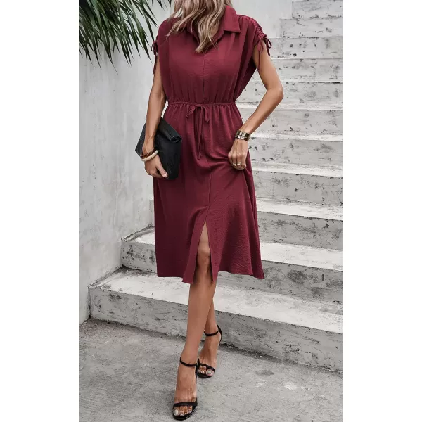 ECOWISH Womens Casual Midi Dresses Solid V Neck Short Sleeve Button Shirt Belted Dress with Pockets for Spring Summer 2024Cwine Red