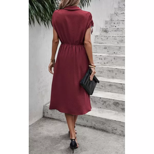 ECOWISH Womens Casual Midi Dresses Solid V Neck Short Sleeve Button Shirt Belted Dress with Pockets for Spring Summer 2024Cwine Red