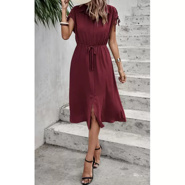 ECOWISH Womens Casual Midi Dresses Solid V Neck Short Sleeve Button Shirt Belted Dress with Pockets for Spring Summer 2024Cwine Red