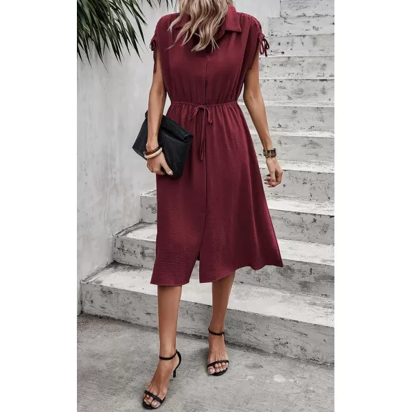 ECOWISH Womens Casual Midi Dresses Solid V Neck Short Sleeve Button Shirt Belted Dress with Pockets for Spring Summer 2024Cwine Red