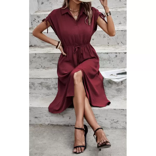 ECOWISH Womens Casual Midi Dresses Solid V Neck Short Sleeve Button Shirt Belted Dress with Pockets for Spring Summer 2024Cwine Red