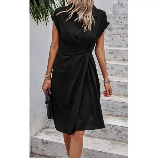 ECOWISH Womens Casual Midi Dresses Solid V Neck Short Sleeve Button Shirt Belted Dress with Pockets for Spring Summer 2024Dblack