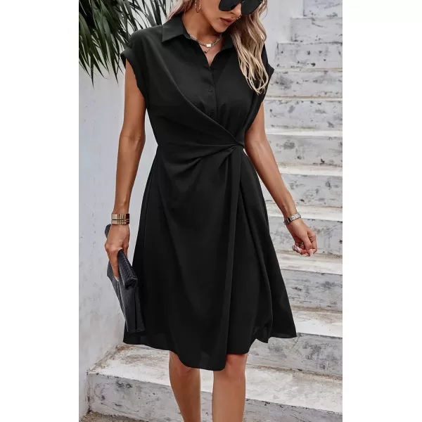 ECOWISH Womens Casual Midi Dresses Solid V Neck Short Sleeve Button Shirt Belted Dress with Pockets for Spring Summer 2024Dblack
