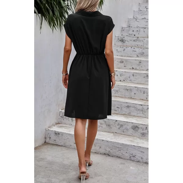 ECOWISH Womens Casual Midi Dresses Solid V Neck Short Sleeve Button Shirt Belted Dress with Pockets for Spring Summer 2024Dblack