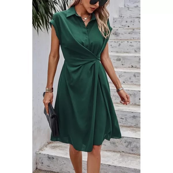ECOWISH Womens Casual Midi Dresses Solid V Neck Short Sleeve Button Shirt Belted Dress with Pockets for Spring Summer 2024Ddark Green