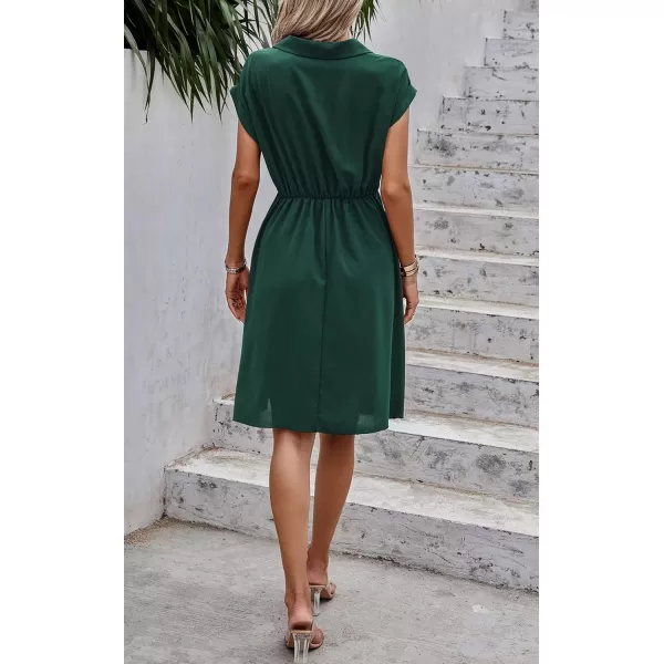 ECOWISH Womens Casual Midi Dresses Solid V Neck Short Sleeve Button Shirt Belted Dress with Pockets for Spring Summer 2024Ddark Green