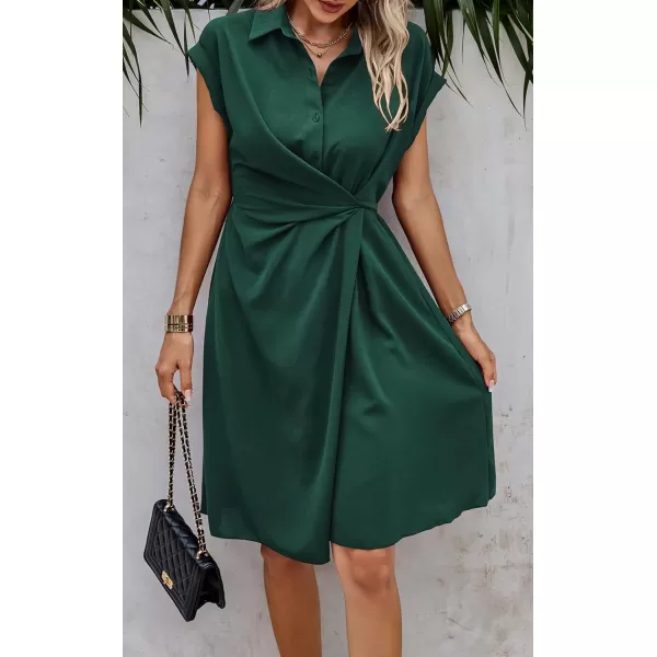 ECOWISH Womens Casual Midi Dresses Solid V Neck Short Sleeve Button Shirt Belted Dress with Pockets for Spring Summer 2024Ddark Green