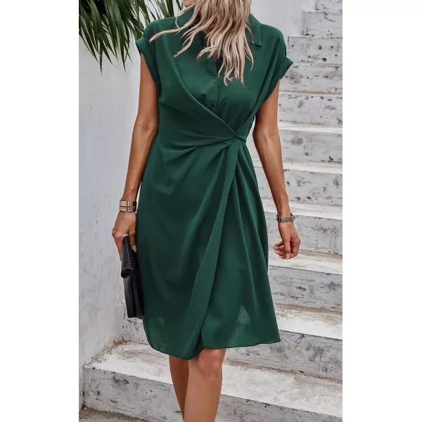 ECOWISH Womens Casual Midi Dresses Solid V Neck Short Sleeve Button Shirt Belted Dress with Pockets for Spring Summer 2024Ddark Green