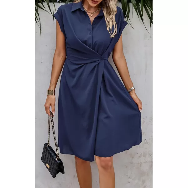 ECOWISH Womens Casual Midi Dresses Solid V Neck Short Sleeve Button Shirt Belted Dress with Pockets for Spring Summer 2024Dnavy Blue