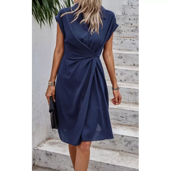 ECOWISH Womens Casual Midi Dresses Solid V Neck Short Sleeve Button Shirt Belted Dress with Pockets for Spring Summer 2024Dnavy Blue