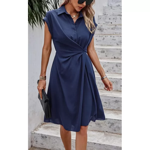 ECOWISH Womens Casual Midi Dresses Solid V Neck Short Sleeve Button Shirt Belted Dress with Pockets for Spring Summer 2024Dnavy Blue