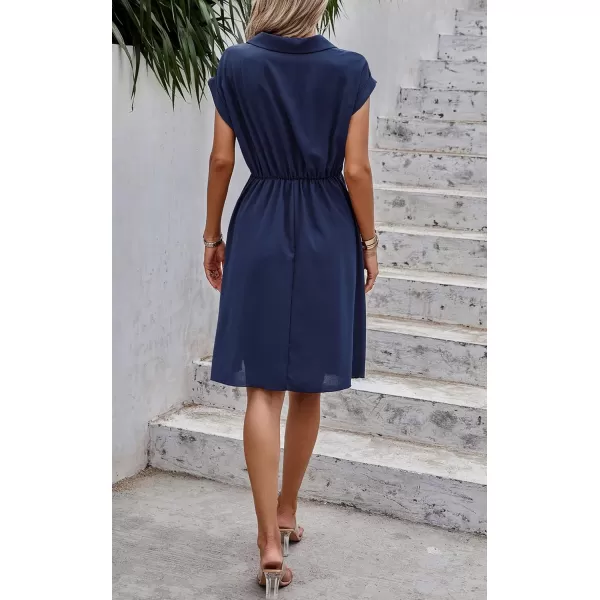 ECOWISH Womens Casual Midi Dresses Solid V Neck Short Sleeve Button Shirt Belted Dress with Pockets for Spring Summer 2024Dnavy Blue