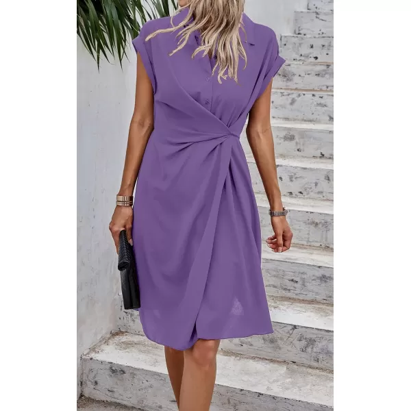 ECOWISH Womens Casual Midi Dresses Solid V Neck Short Sleeve Button Shirt Belted Dress with Pockets for Spring Summer 2024Dpurple