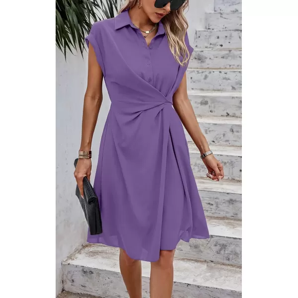 ECOWISH Womens Casual Midi Dresses Solid V Neck Short Sleeve Button Shirt Belted Dress with Pockets for Spring Summer 2024Dpurple