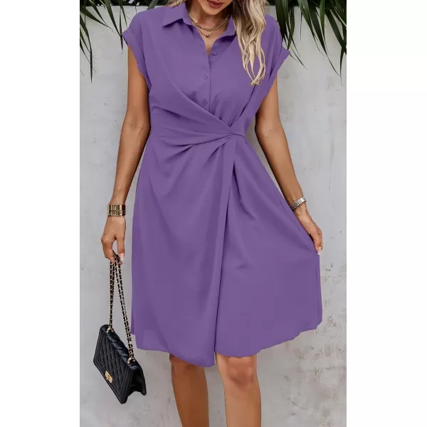 ECOWISH Womens Casual Midi Dresses Solid V Neck Short Sleeve Button Shirt Belted Dress with Pockets for Spring Summer 2024Dpurple