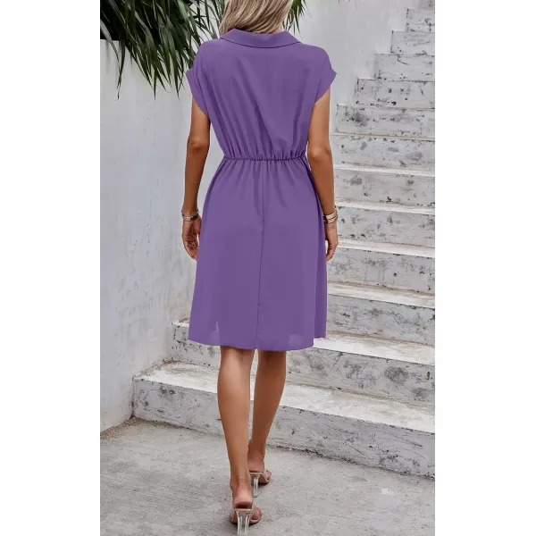 ECOWISH Womens Casual Midi Dresses Solid V Neck Short Sleeve Button Shirt Belted Dress with Pockets for Spring Summer 2024Dpurple