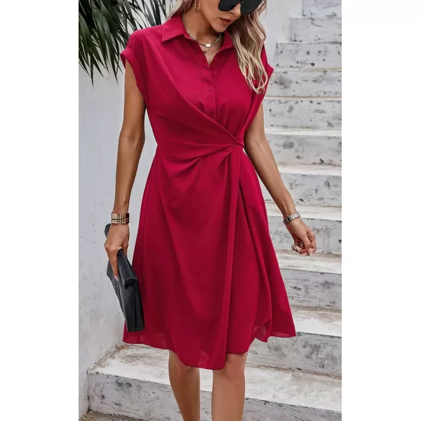ECOWISH Womens Casual Midi Dresses Solid V Neck Short Sleeve Button Shirt Belted Dress with Pockets for Spring Summer 2024Dred