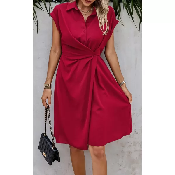 ECOWISH Womens Casual Midi Dresses Solid V Neck Short Sleeve Button Shirt Belted Dress with Pockets for Spring Summer 2024Dred