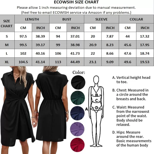 ECOWISH Womens Casual Midi Dresses Solid V Neck Short Sleeve Button Shirt Belted Dress with Pockets for Spring Summer 2024Dred