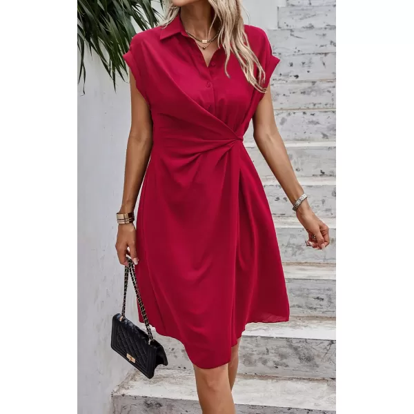 ECOWISH Womens Casual Midi Dresses Solid V Neck Short Sleeve Button Shirt Belted Dress with Pockets for Spring Summer 2024Dred
