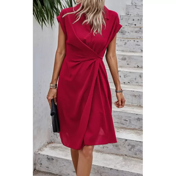 ECOWISH Womens Casual Midi Dresses Solid V Neck Short Sleeve Button Shirt Belted Dress with Pockets for Spring Summer 2024Dred