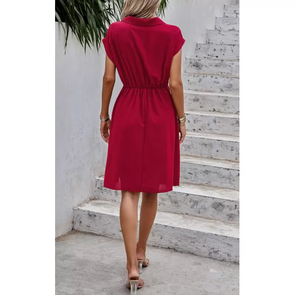 ECOWISH Womens Casual Midi Dresses Solid V Neck Short Sleeve Button Shirt Belted Dress with Pockets for Spring Summer 2024Dred